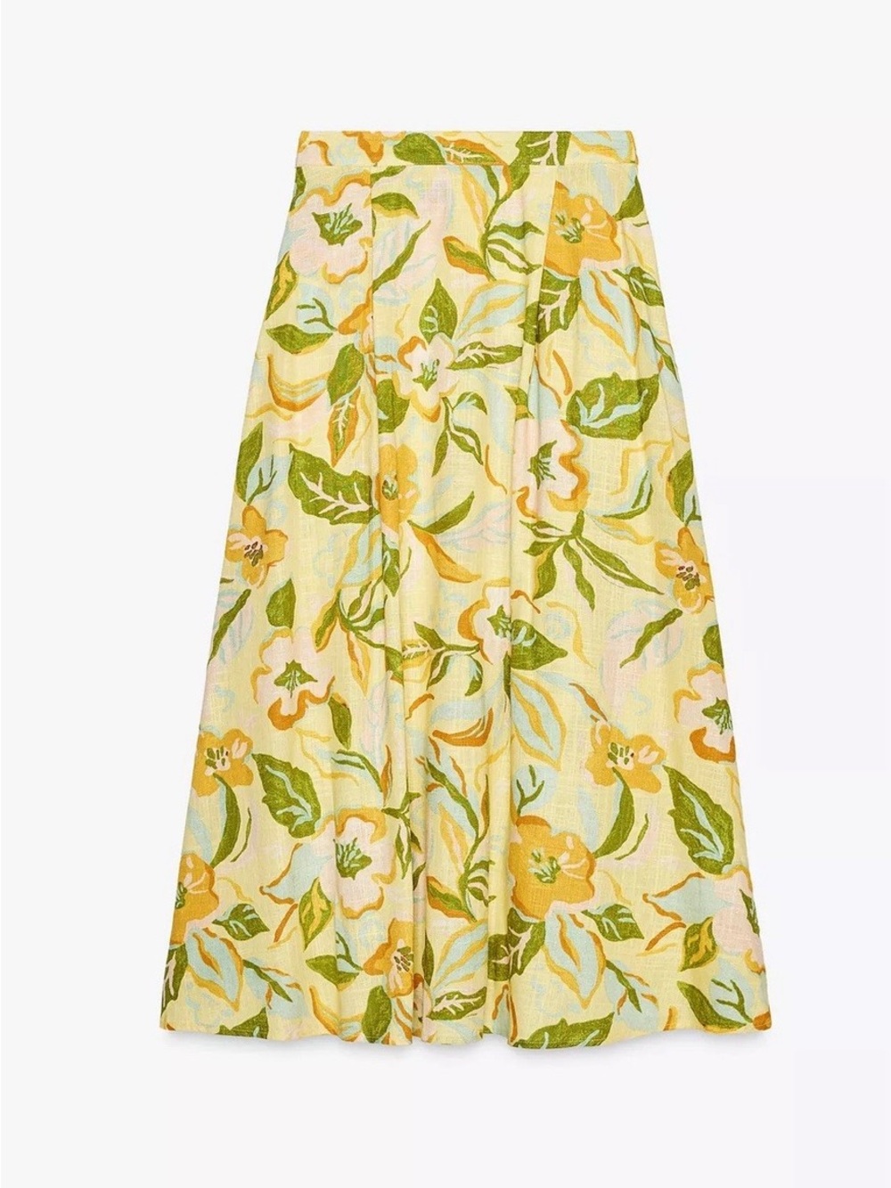 Zara Floral Printed Linen Blend High Waist Skirt Yellow Size M